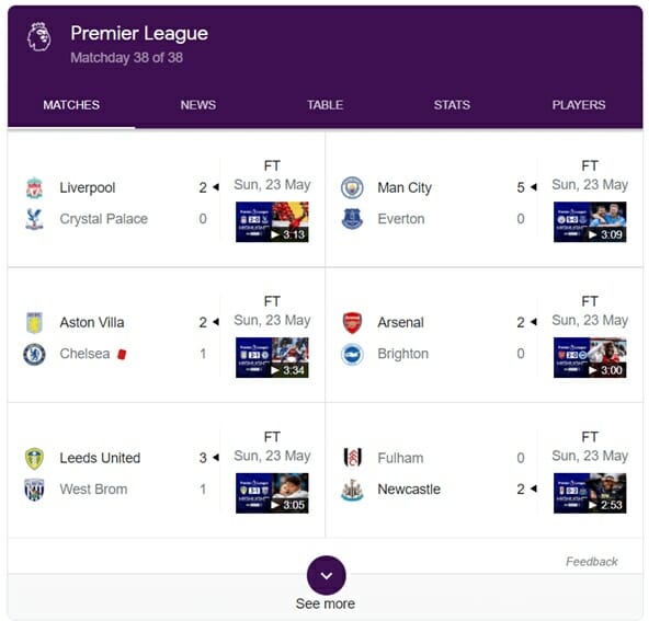 Premier League match results screenshot