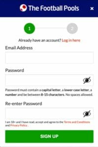 The Football Pools registration screenshot