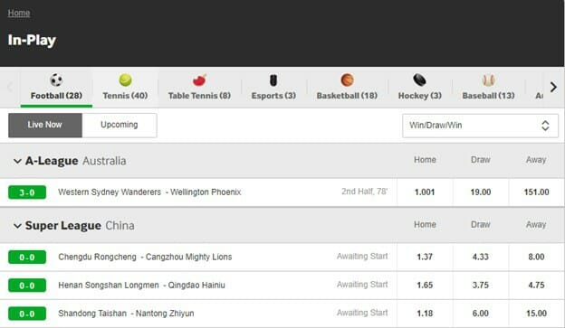 Betway In-Play Betting Screenshot