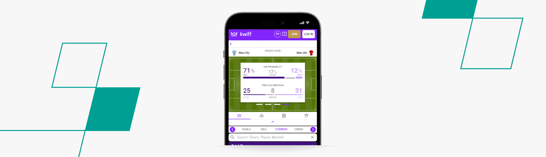 Screenshot of corner betting kwiff desktop 1