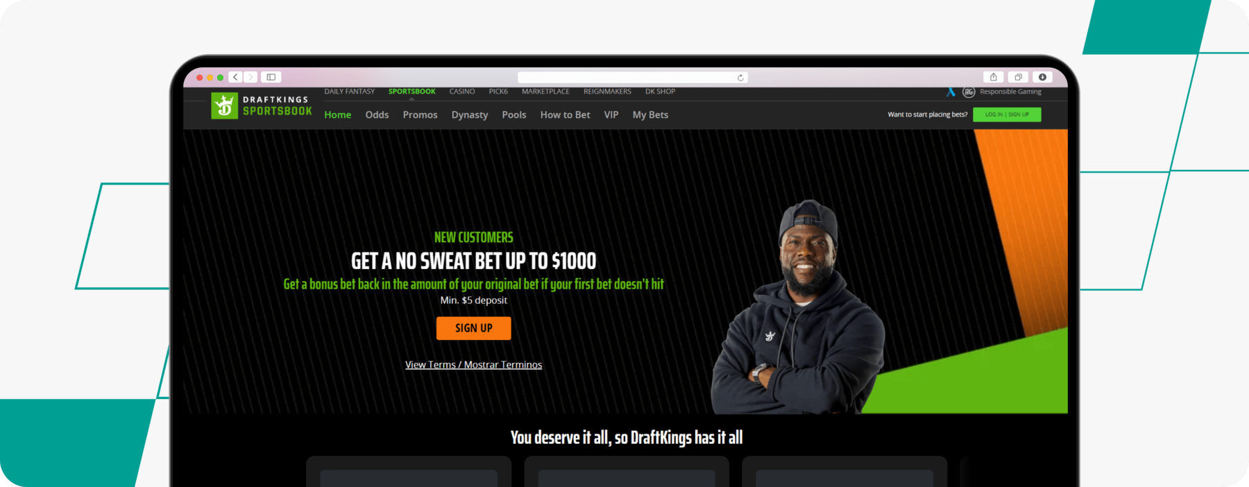 Screenshot of DraftKings No Sweat Bet Up To $1000 Promo Page.