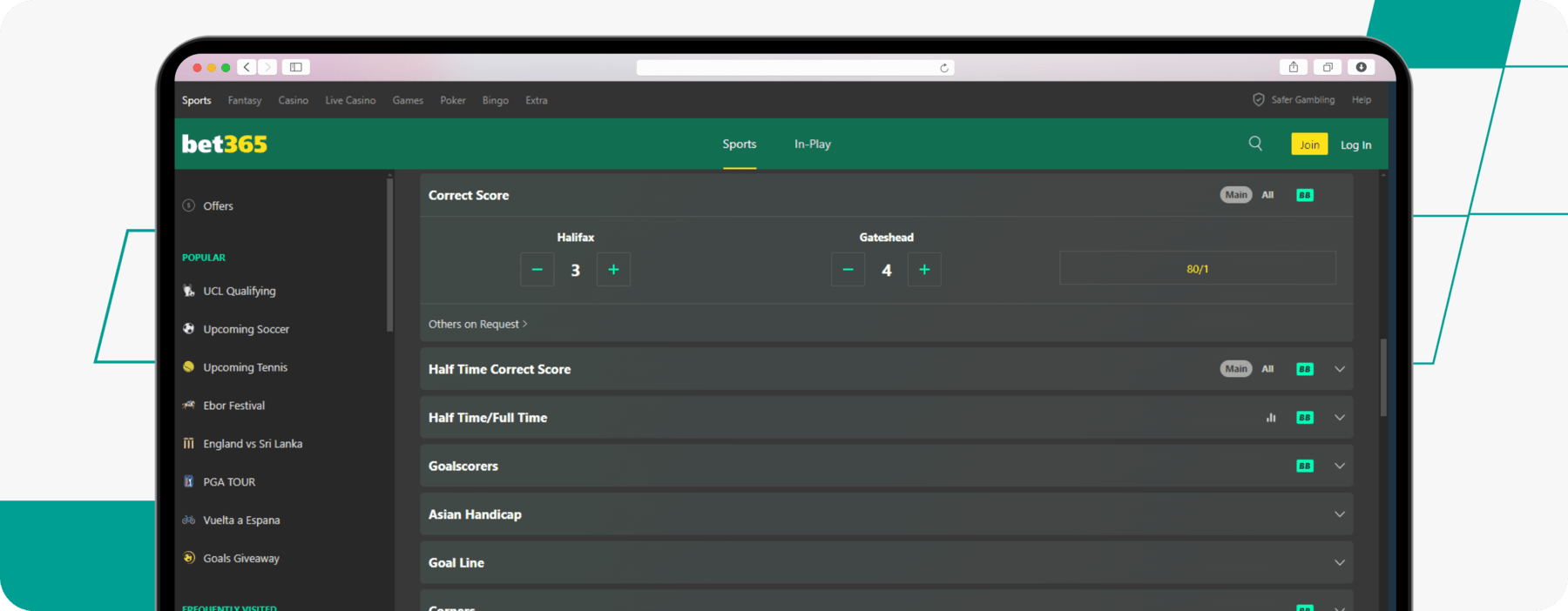 screenshot showing bet365 correct score odds