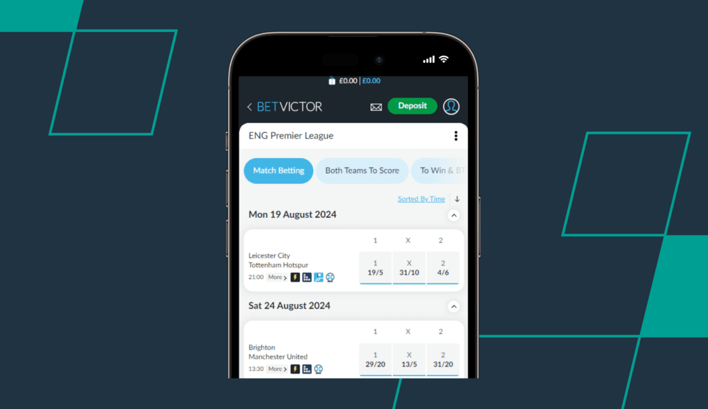 screenshot showing betvictor premier league betting markets