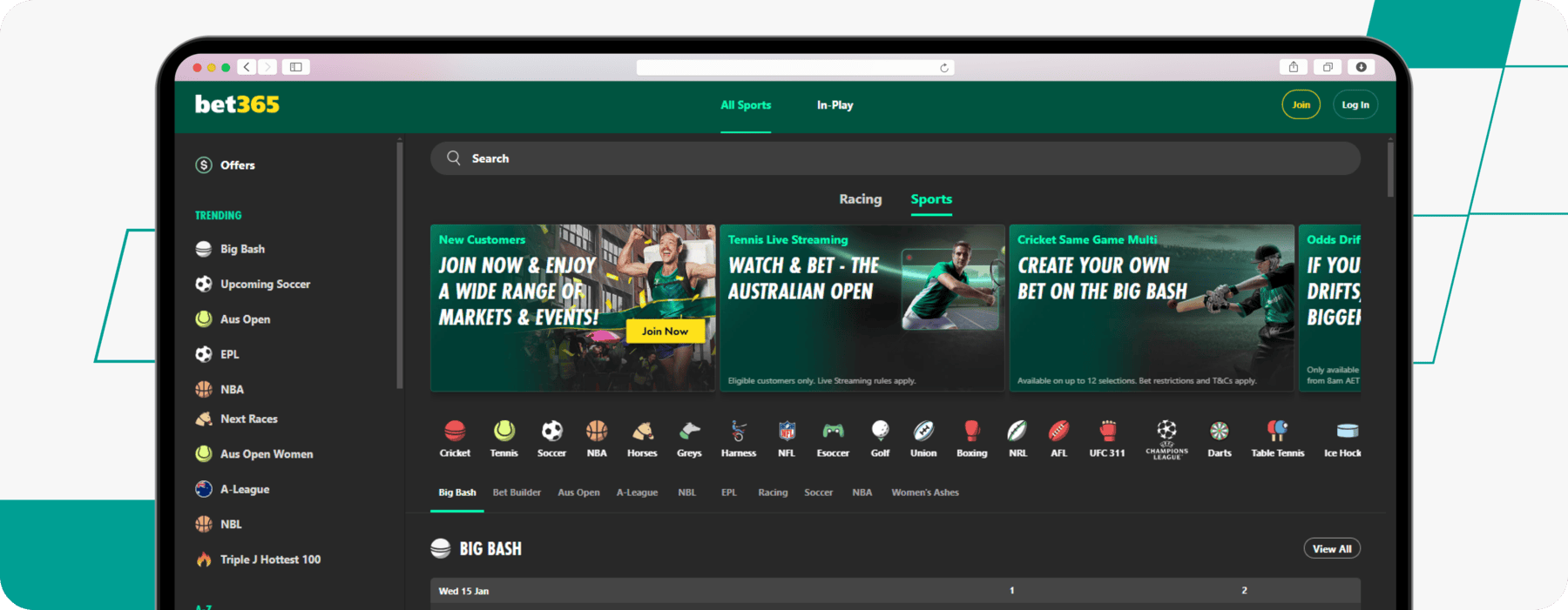 screenshot of bet365 australia homepage