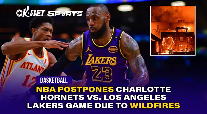 nba postpones a 2 man playing basketball with overlay text and image of burning los angeles city